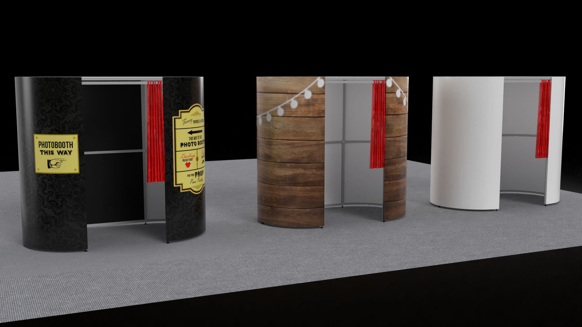 Three cylindrical photo booths side-by-side with black, wooden, and white exterior wraps, each featuring a red curtain.