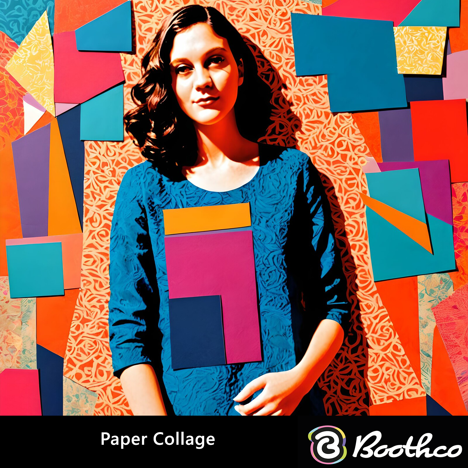 A person in a blue shirt standing against a colorful, geometric paper collage backdrop.
