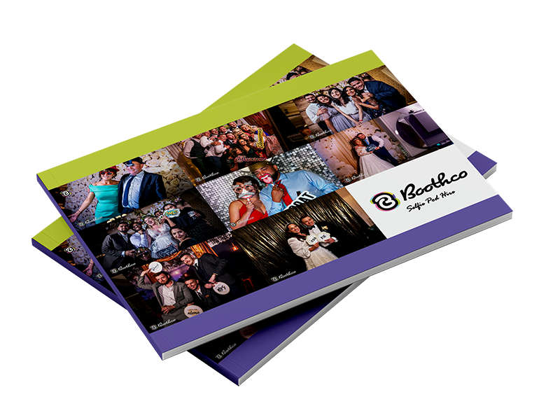 Two stacks of photo books featuring a collage of party images, a green and purple border, and the Boothoo brand logo.