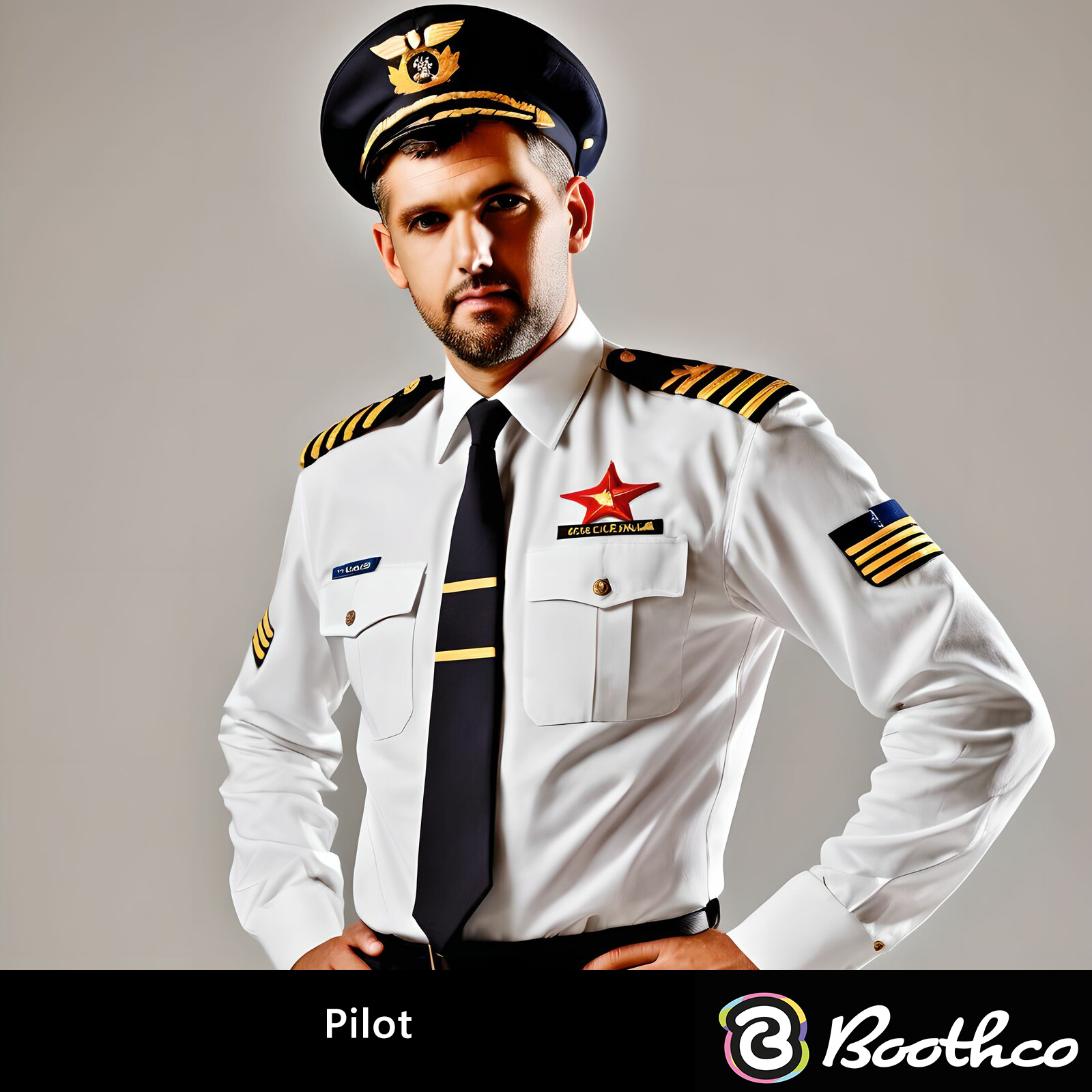 A person in a professional white pilot uniform with a cap, tie, and gold epaulets, posing against a neutral background.
