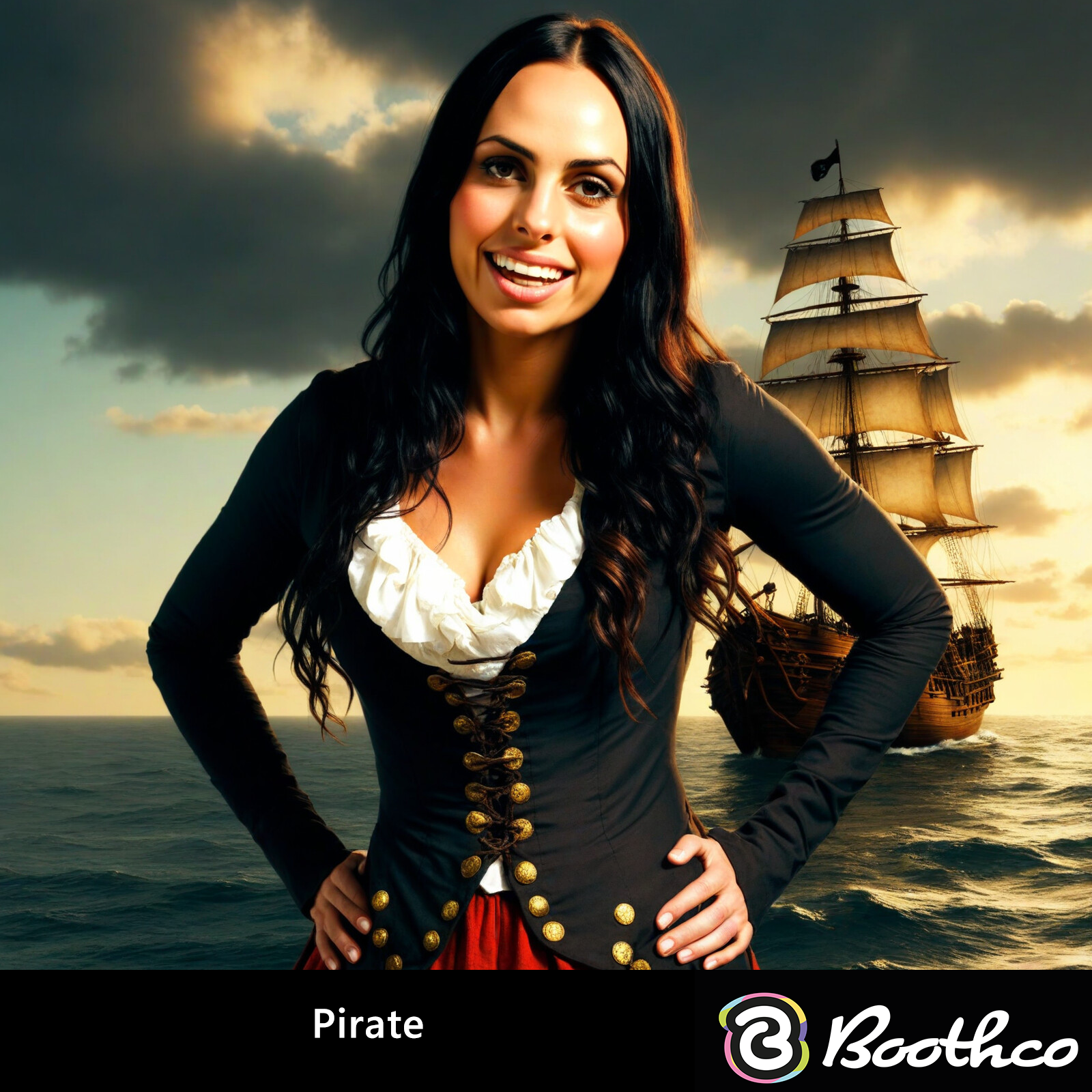 A person wearing a pirate-themed costume poses in front of a digital backdrop showing a ship at sea.