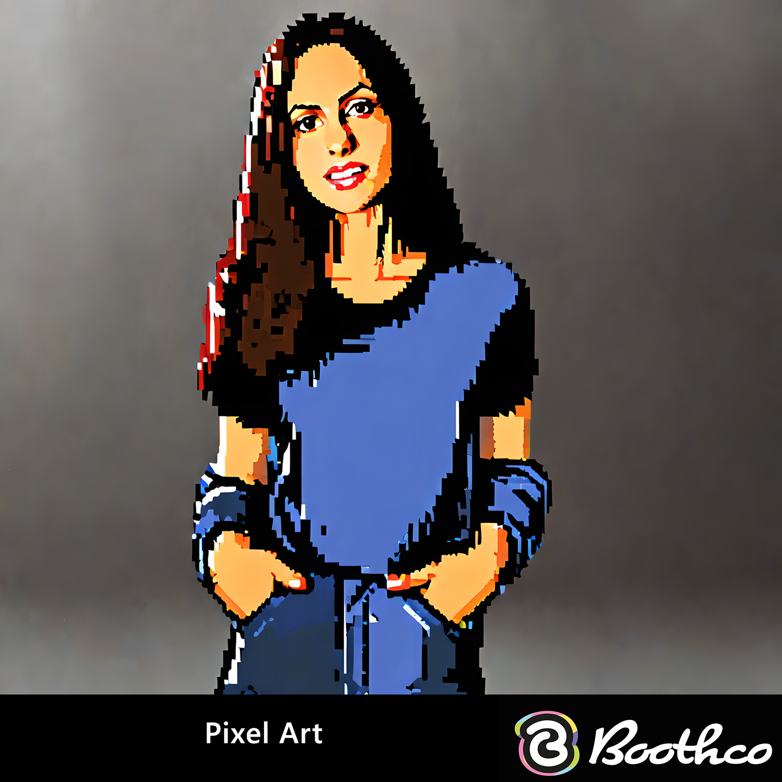 Pixel art illustration of a person with long dark hair, wearing a blue shirt, standing with hands in pockets.