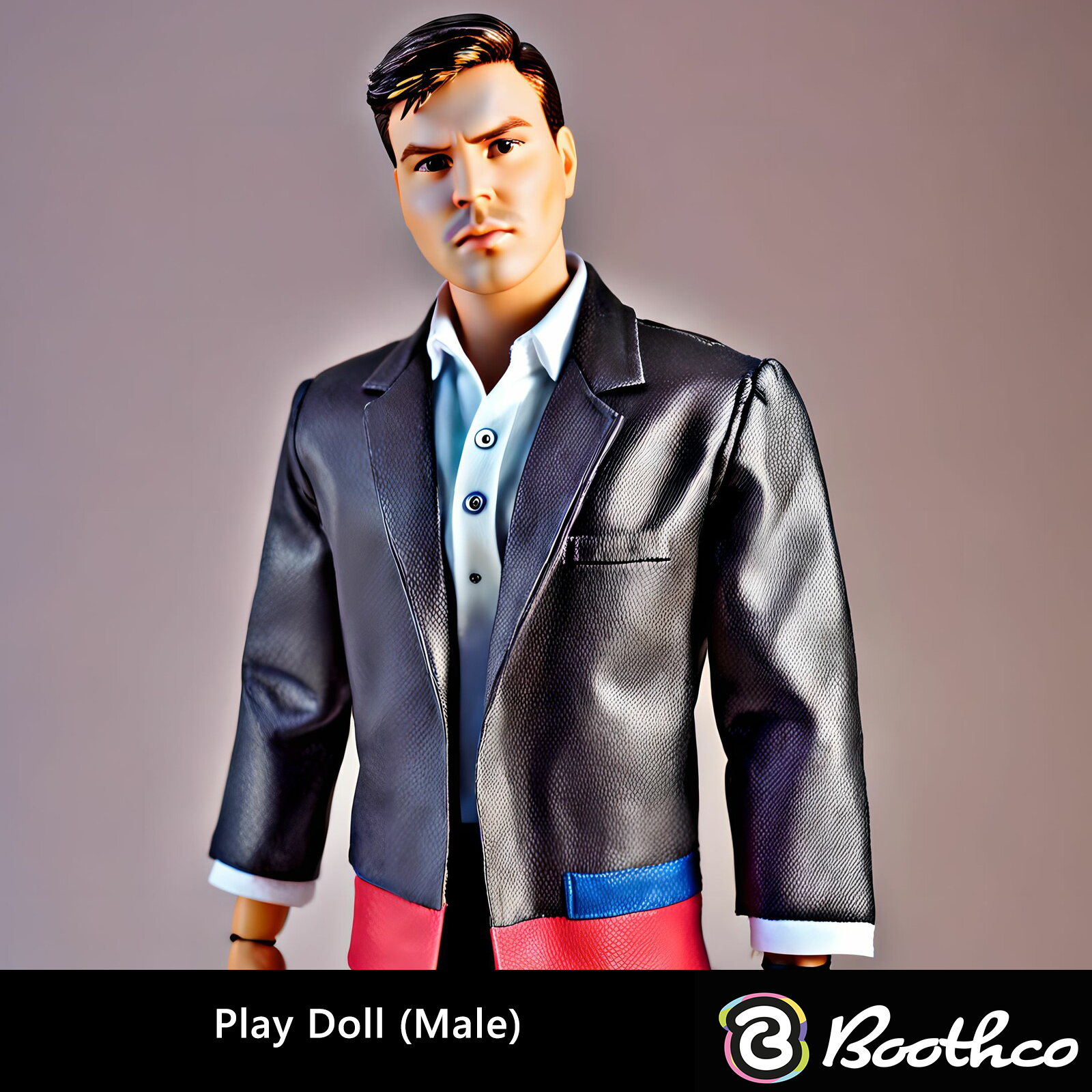 A male doll with dark hair wearing a light blue shirt under a black blazer with red and blue accents, against a gray background.