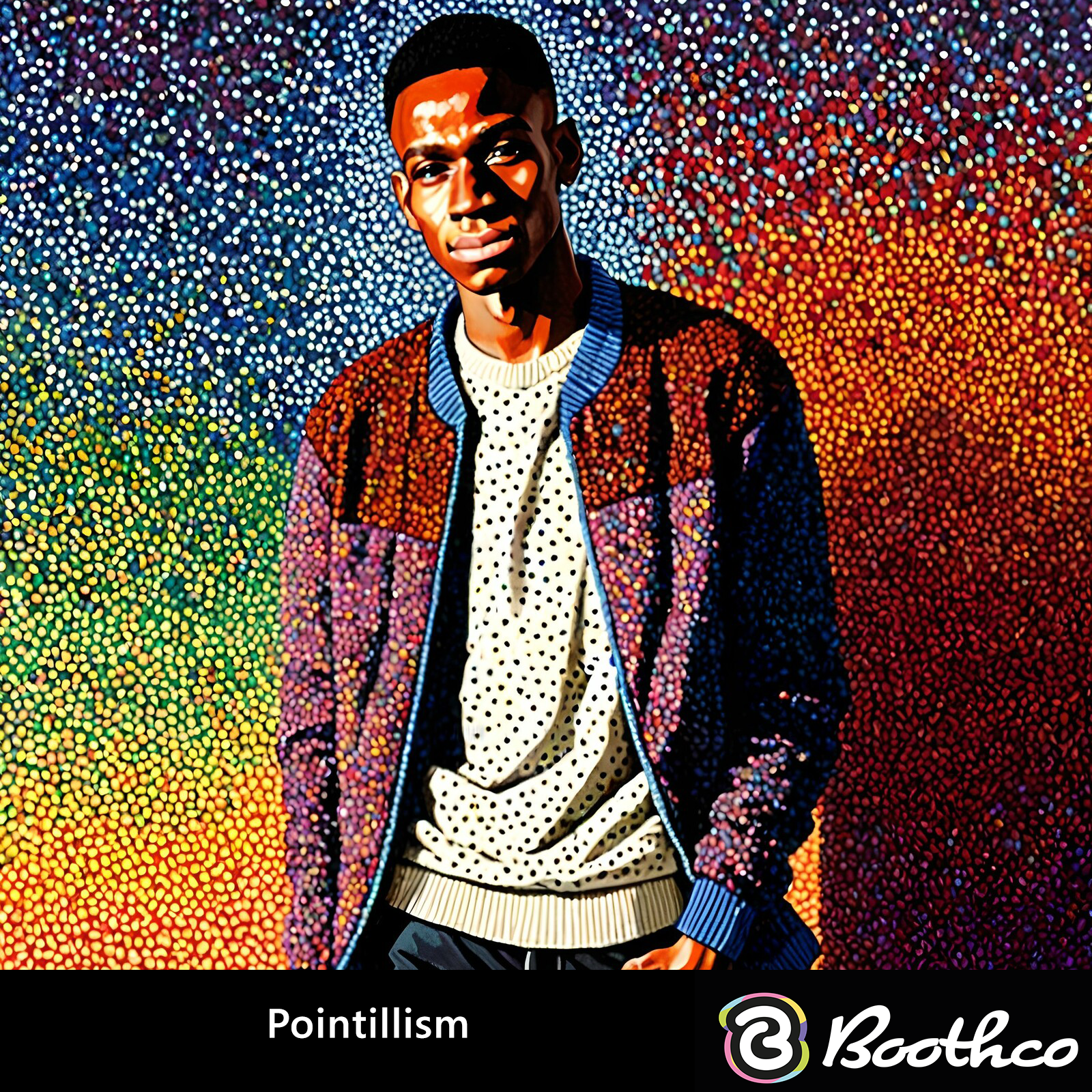 A person in a textured, multi-colored jacket stands against a vibrant, pointillist-style background of color dots.