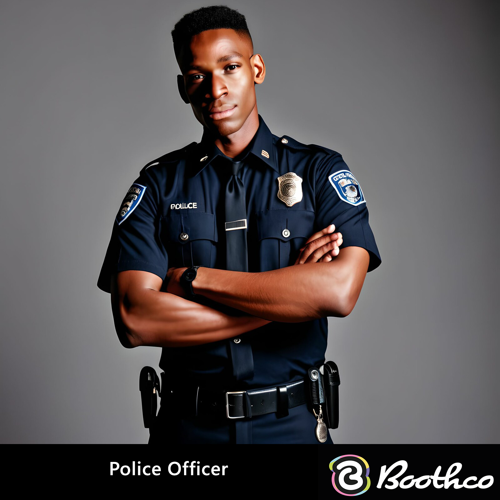 A police officer in a dark blue uniform stands with arms crossed against a plain grey background.