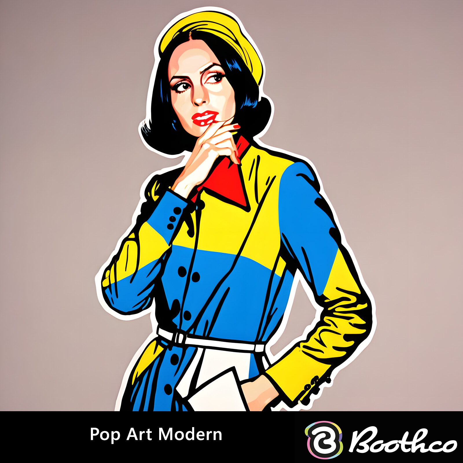A stylized illustration of a person wearing a beret, blue and yellow jacket, and red collar, posing with a hand to chin.