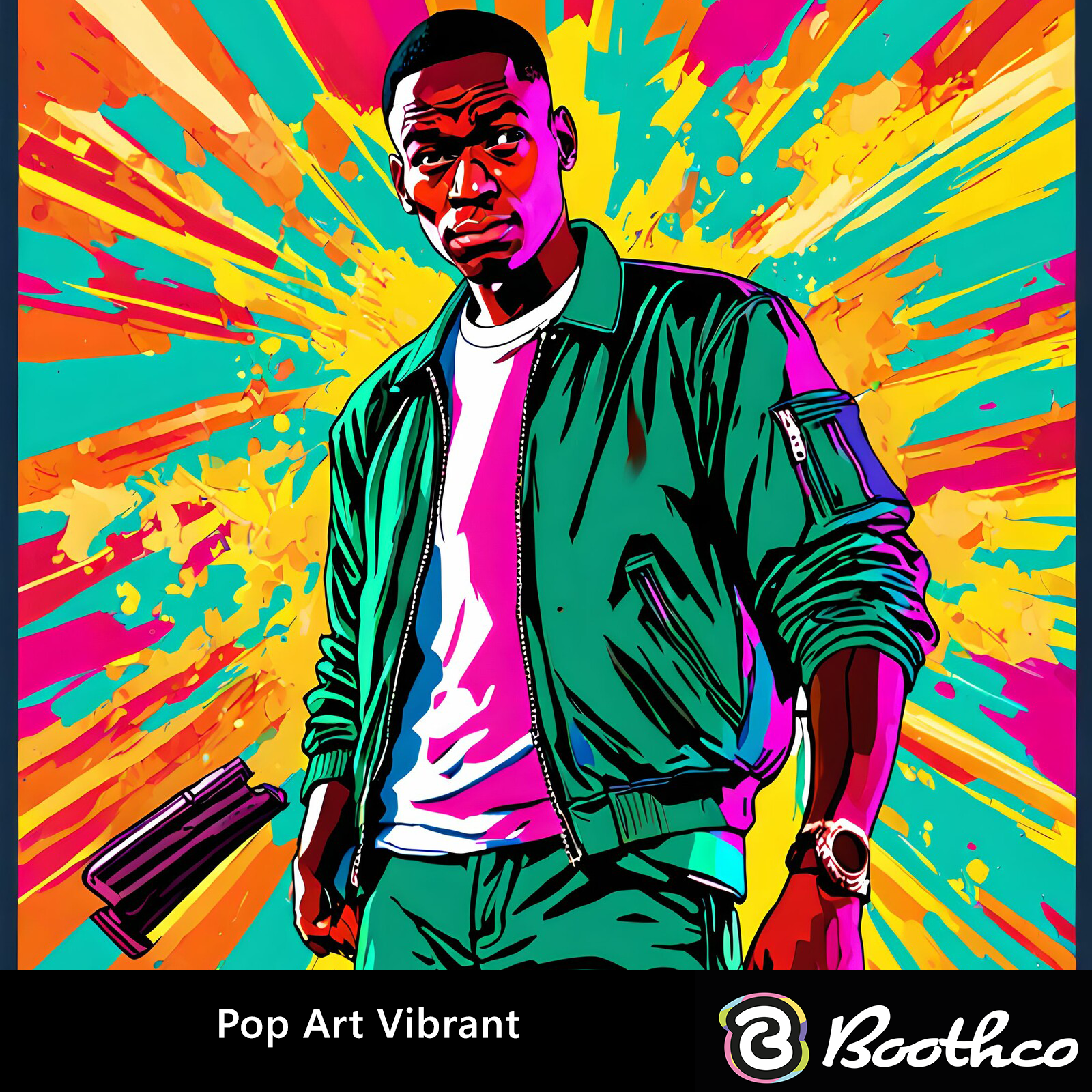 Pop art style illustration of a person in a green jacket against a vibrant, multi-colored radial background.