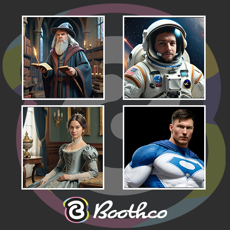 A four-panel grid showing a wizard in a library, an astronaut in space, a Victorian-era woman, and a superhero in uniform.