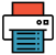 A printer icon with a white body, red paper tray, and a blue document emerging from the bottom.