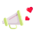 A light green megaphone with two red hearts floating above it.