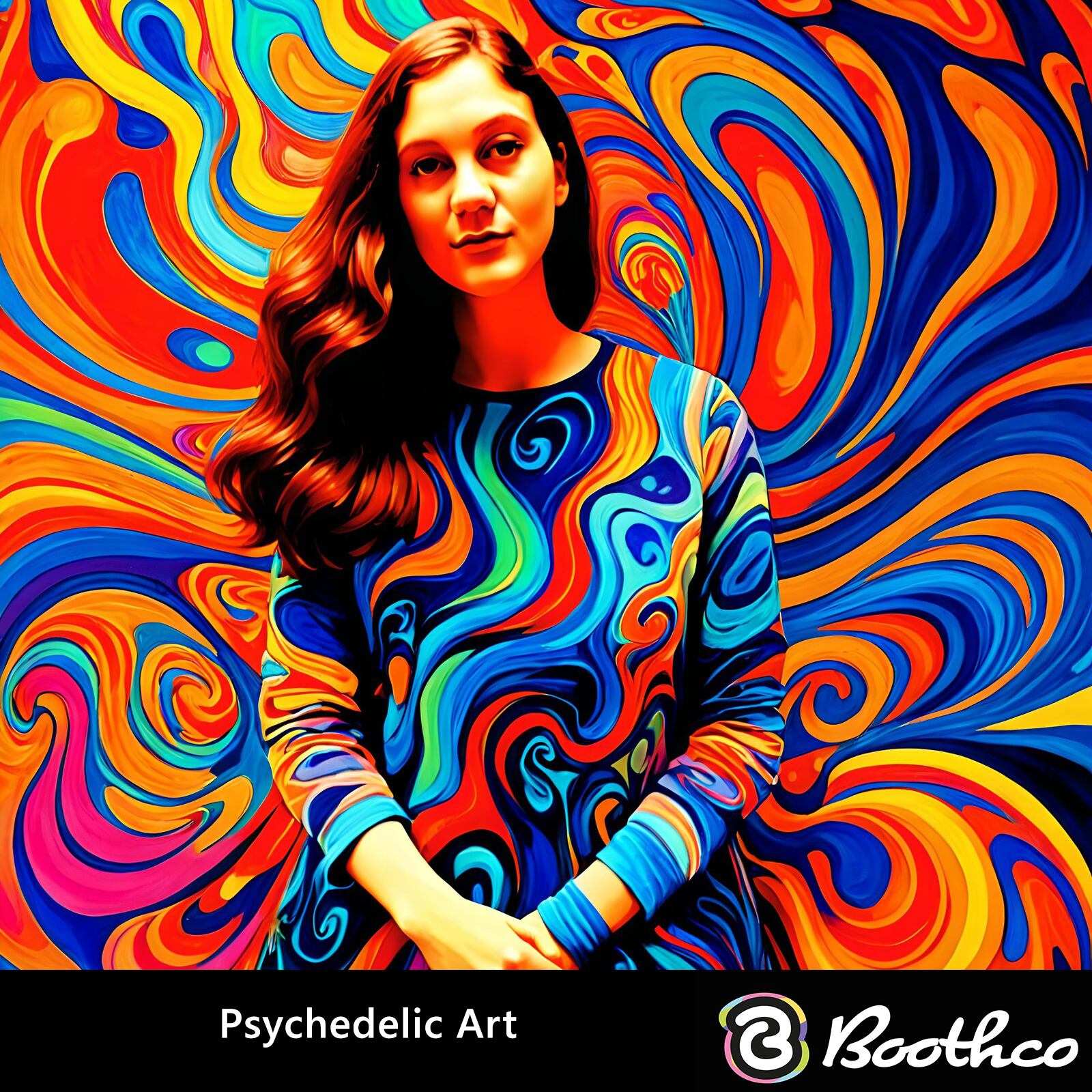 A person wearing a patterned top blending into a vibrant, swirling psychedelic background of blue, orange, and yellow.