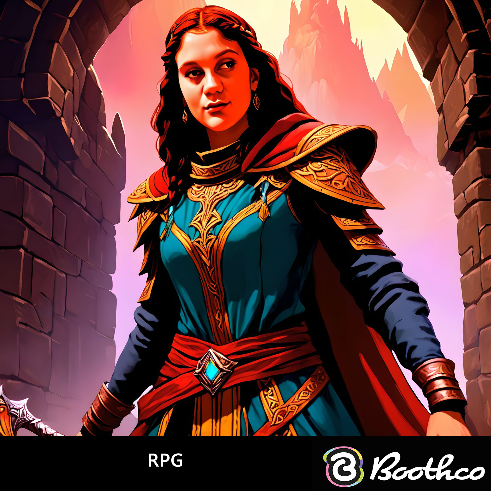 A character in blue and gold fantasy armor stands in a stone archway against a pink, mountainous backdrop.