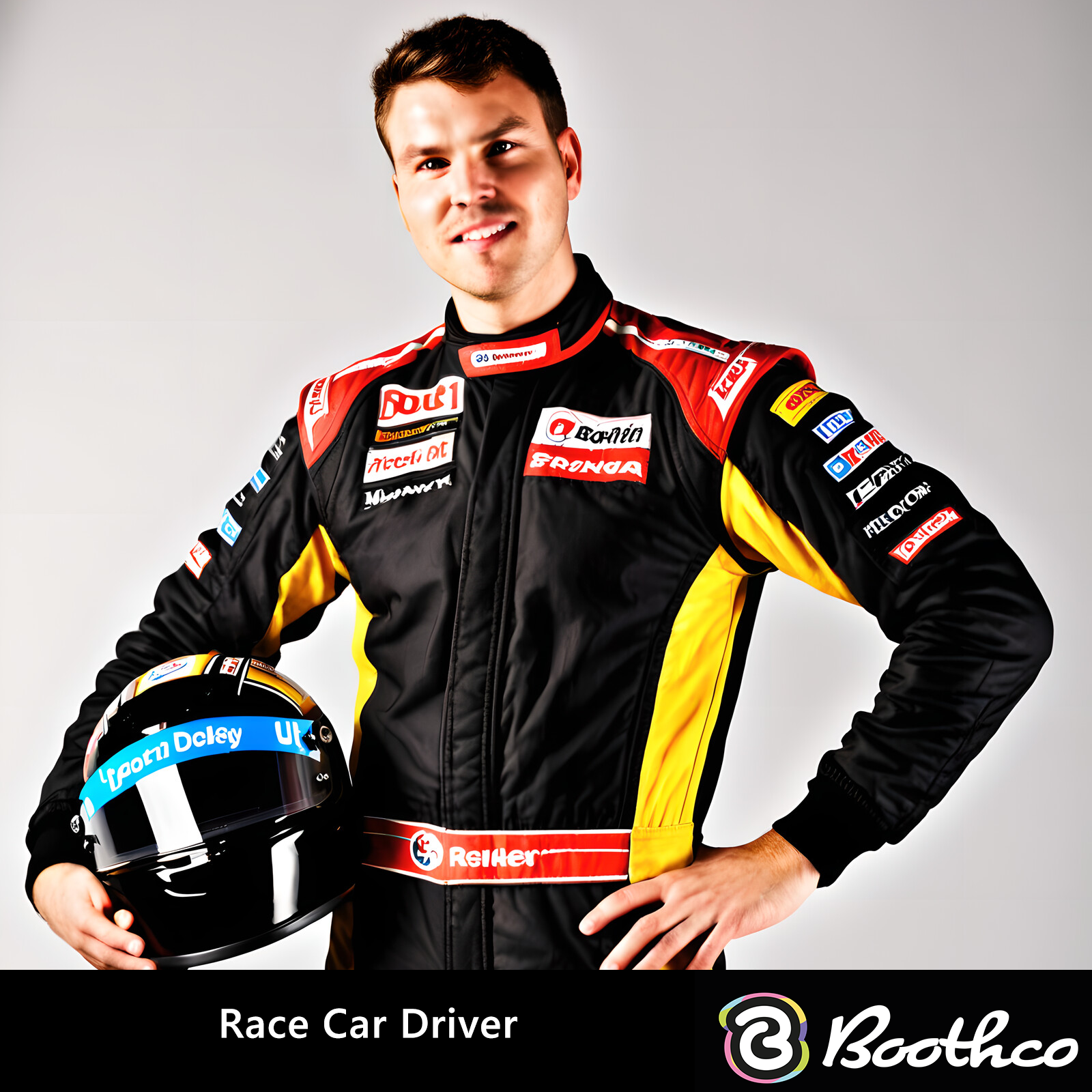 A race car driver in a black, yellow, and red suit holding a black helmet against a light gray background.
