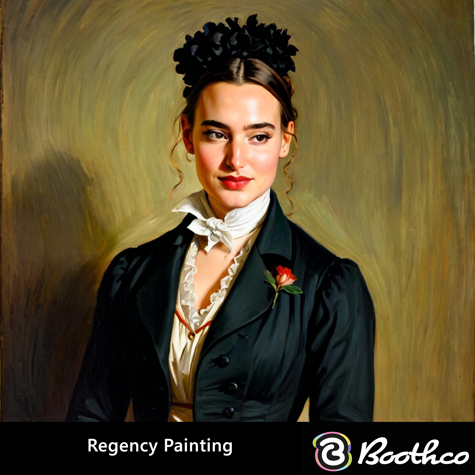 An oil portrait of a person in a dark riding jacket and white cravat, featuring a black floral headpiece and rose pin.