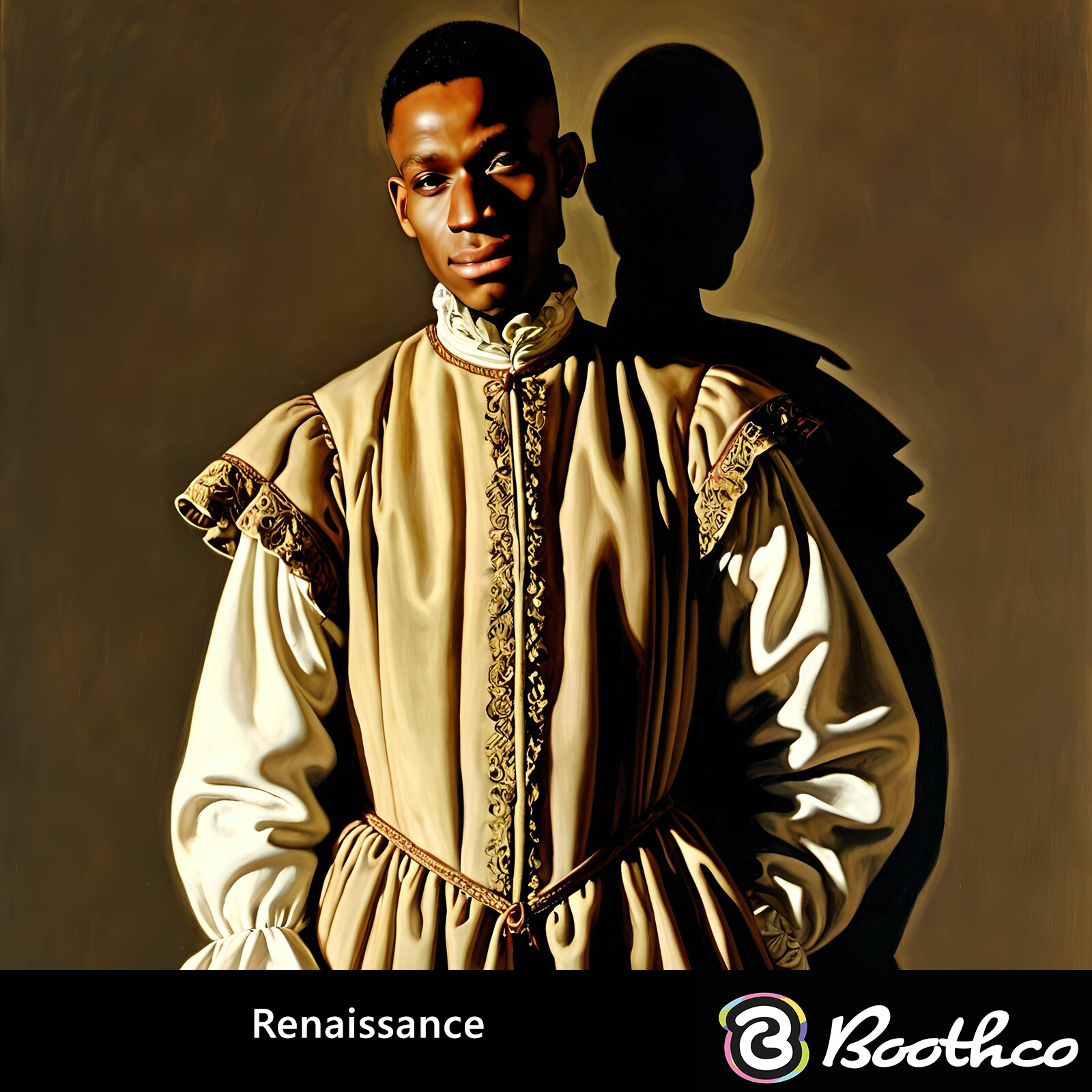 A person in period-accurate Renaissance attire stands against a dark background, casting a prominent shadow.