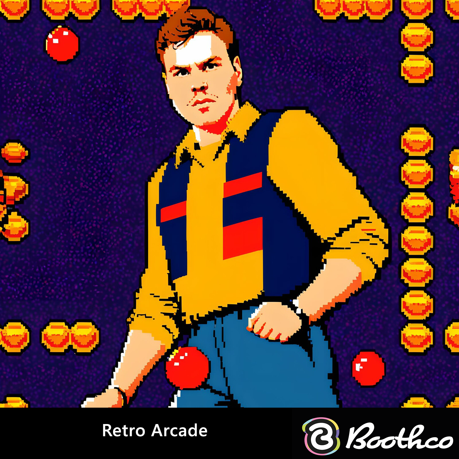 A pixel-art style portrait of a person in a yellow shirt and vest against a retro arcade game background.