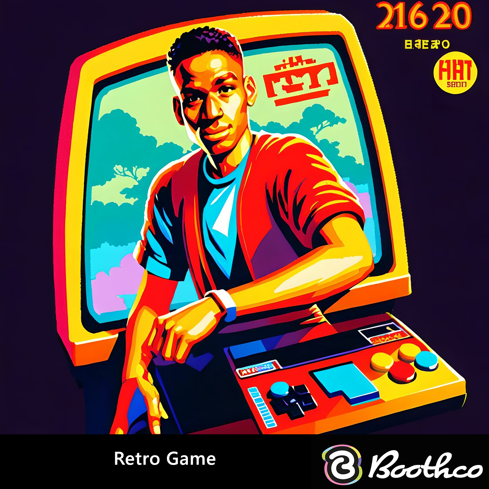 A digital illustration of a person leaning out of a yellow arcade cabinet, playing a colorful retro-style video game.