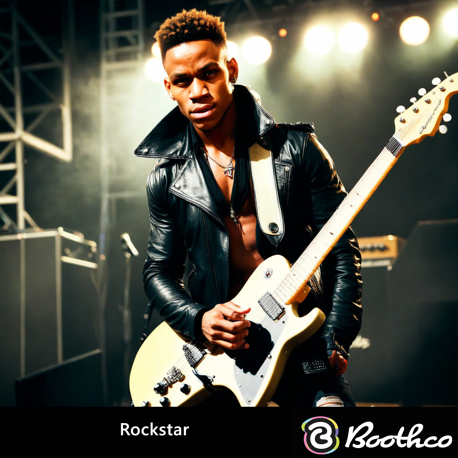 A musician in a leather jacket holds an electric guitar on a stage with bright spotlights in the background.