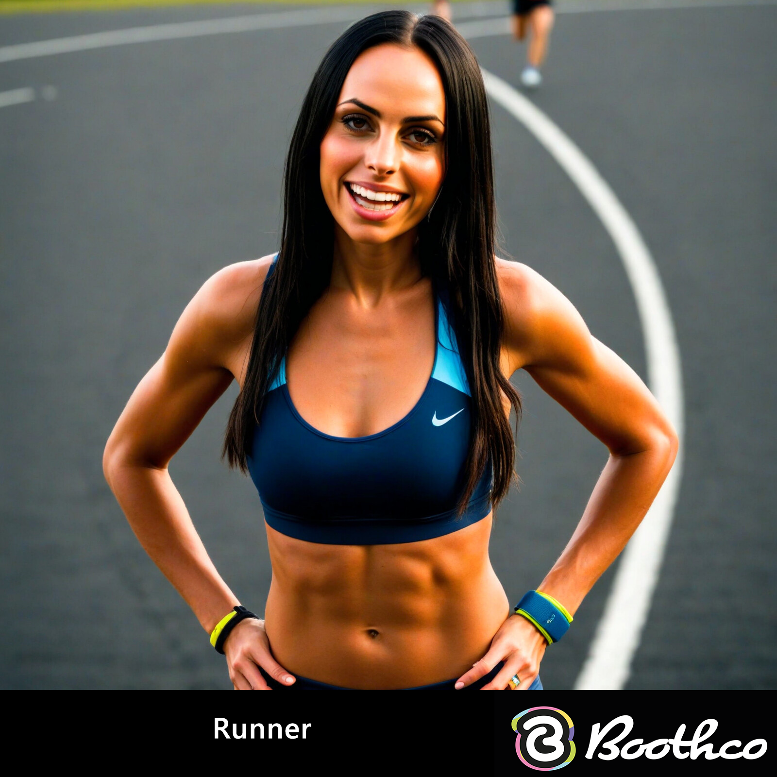 A person wearing a dark blue sports bra standing on an outdoor track, smiling at the camera with hands on their hips.