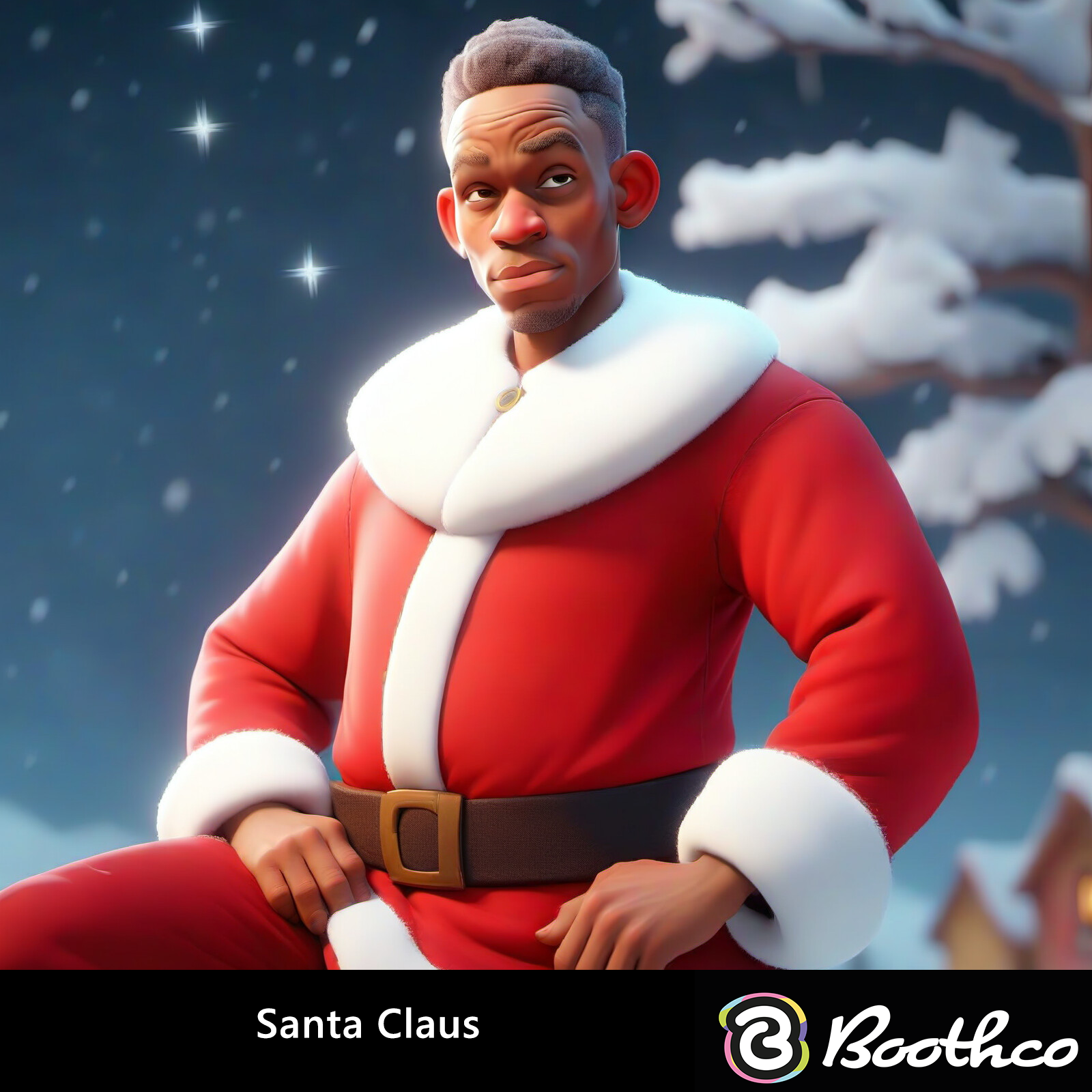 An animated-style figure wearing a traditional red and white Santa Claus suit against a snowy night backdrop.