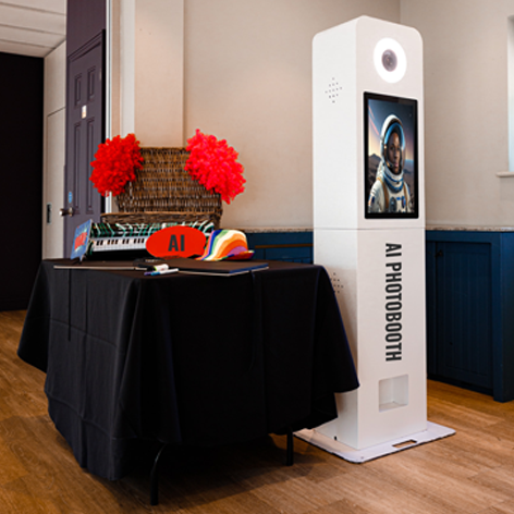 A white AI photo booth stands next to a table with party props, including red fans and a colorful hat, in a room.