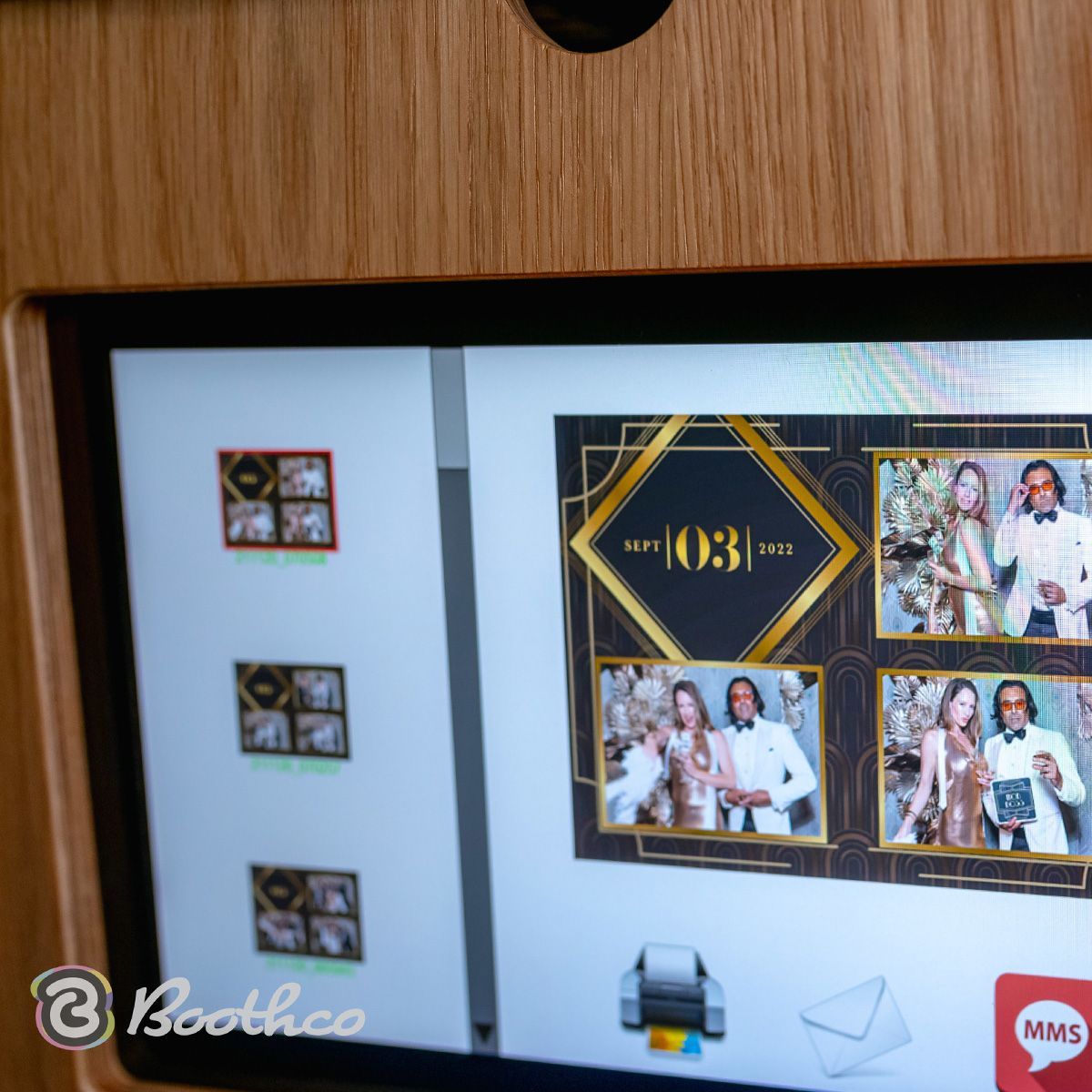 A touchscreen photo booth interface displays a gold-and-black themed photo strip featuring event photos and the date.