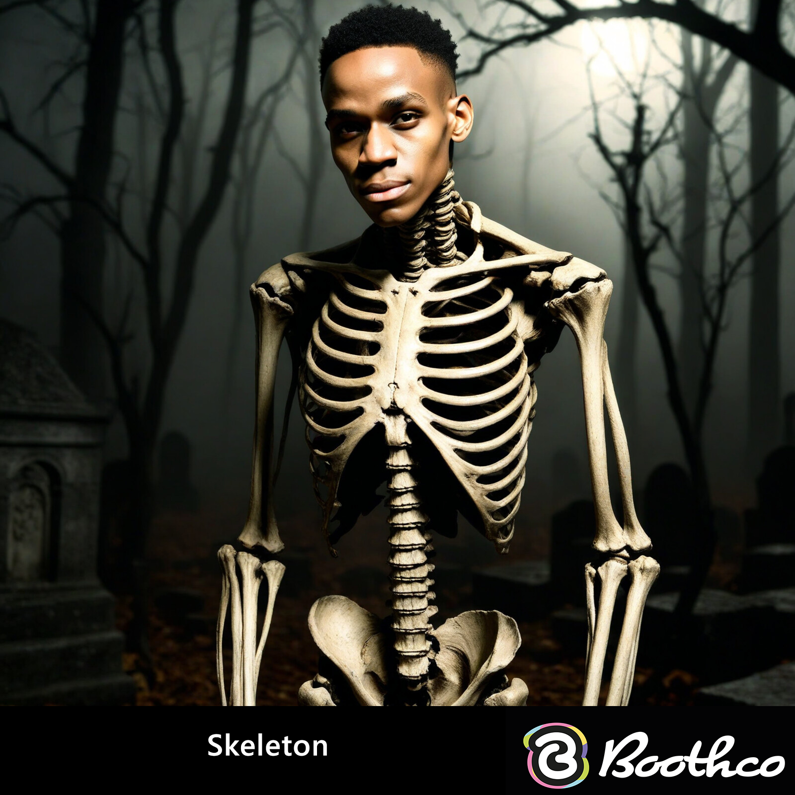 A person's head atop a skeleton's ribcage and arms in a dark, foggy graveyard at night.