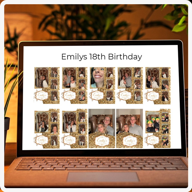 A laptop screen displays a grid of photo booth strips from an 18th birthday party, decorated with gold glitter frames.