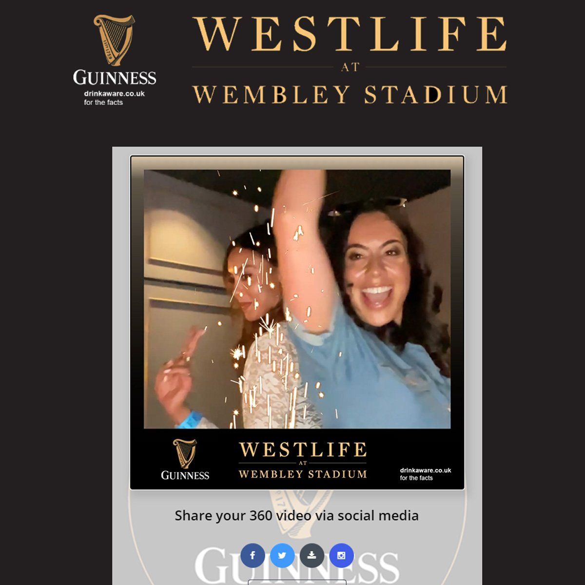 Two people smiling and cheering in a 360-degree video booth at a Westlife concert branded by Guinness.