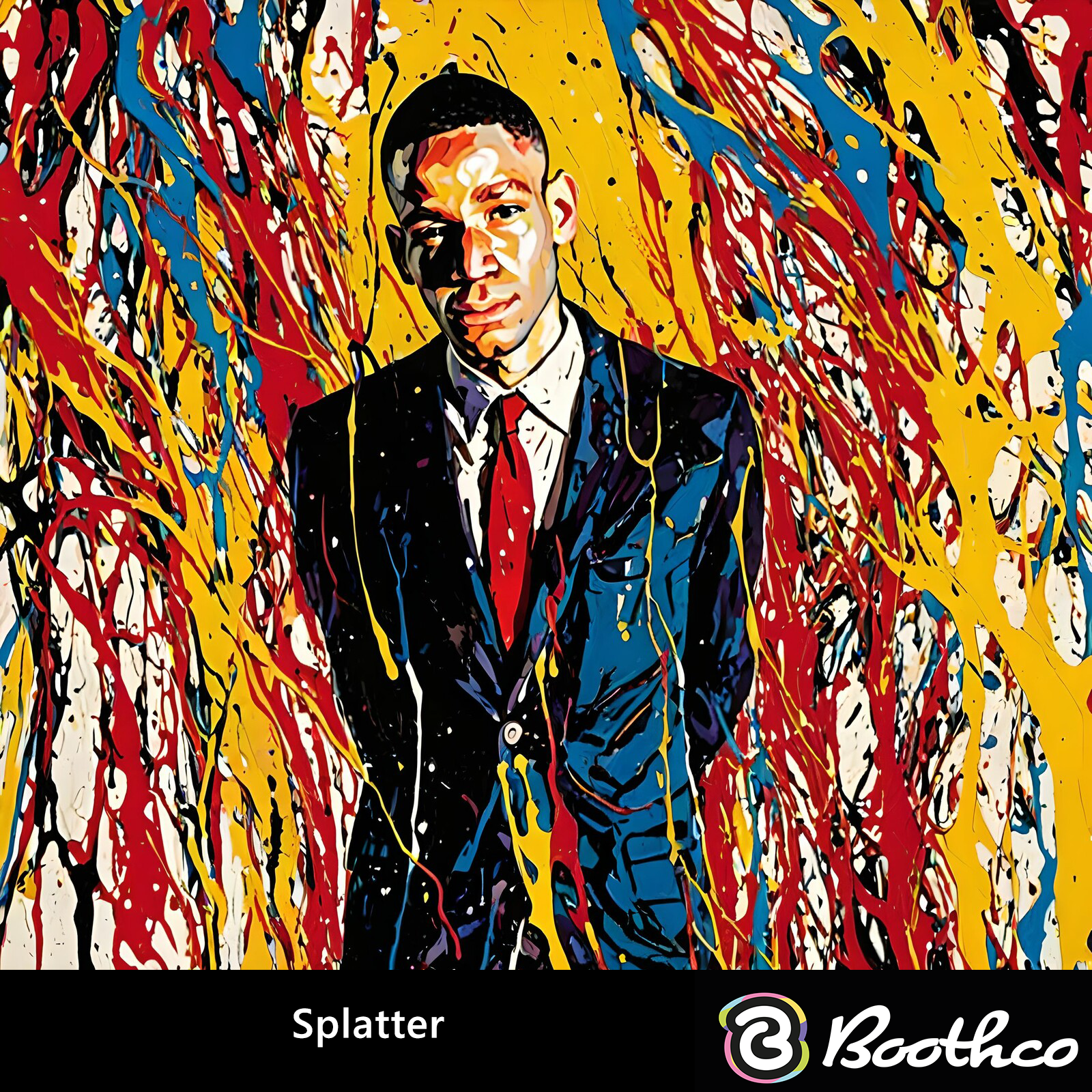 A person in a suit stands against a colorful, abstract background of bright red, yellow, and blue paint splatters.