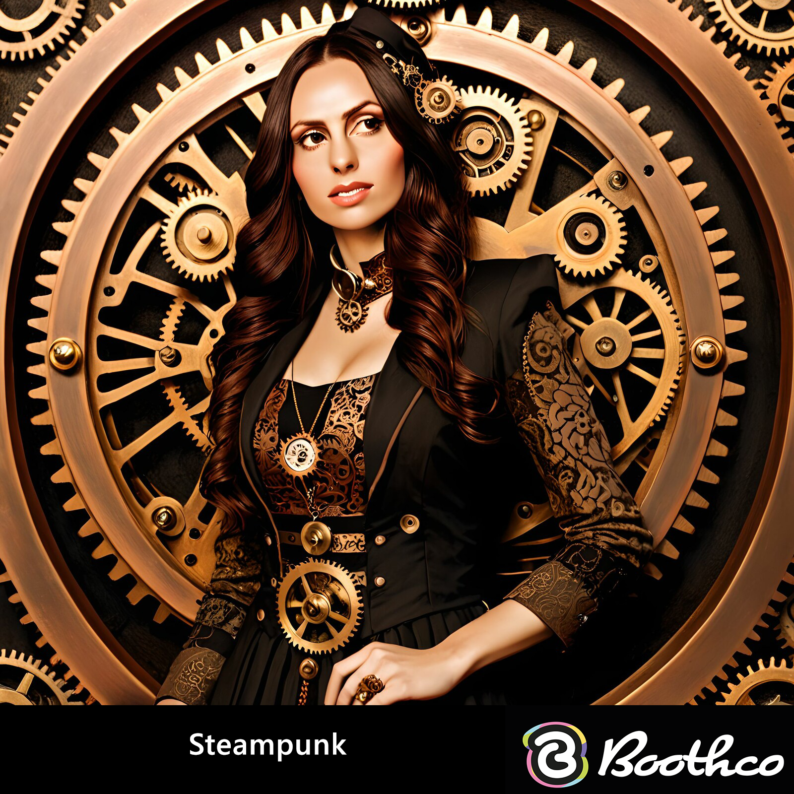 A person in steampunk attire with gears and bronze accents posing against a large, mechanical gear backdrop.