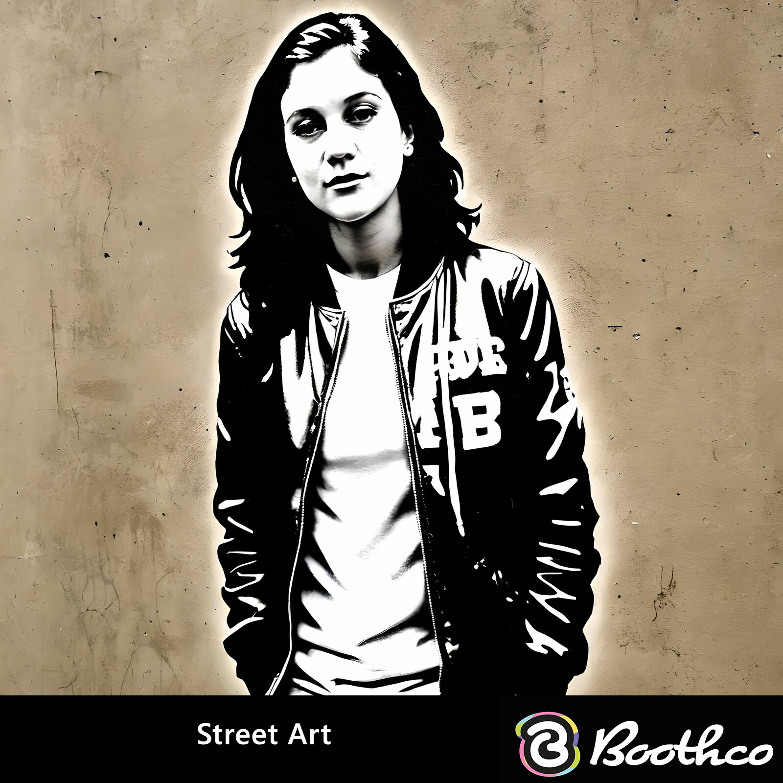 A high-contrast, black-and-white graphic portrait of a person wearing a jacket against a textured beige background.