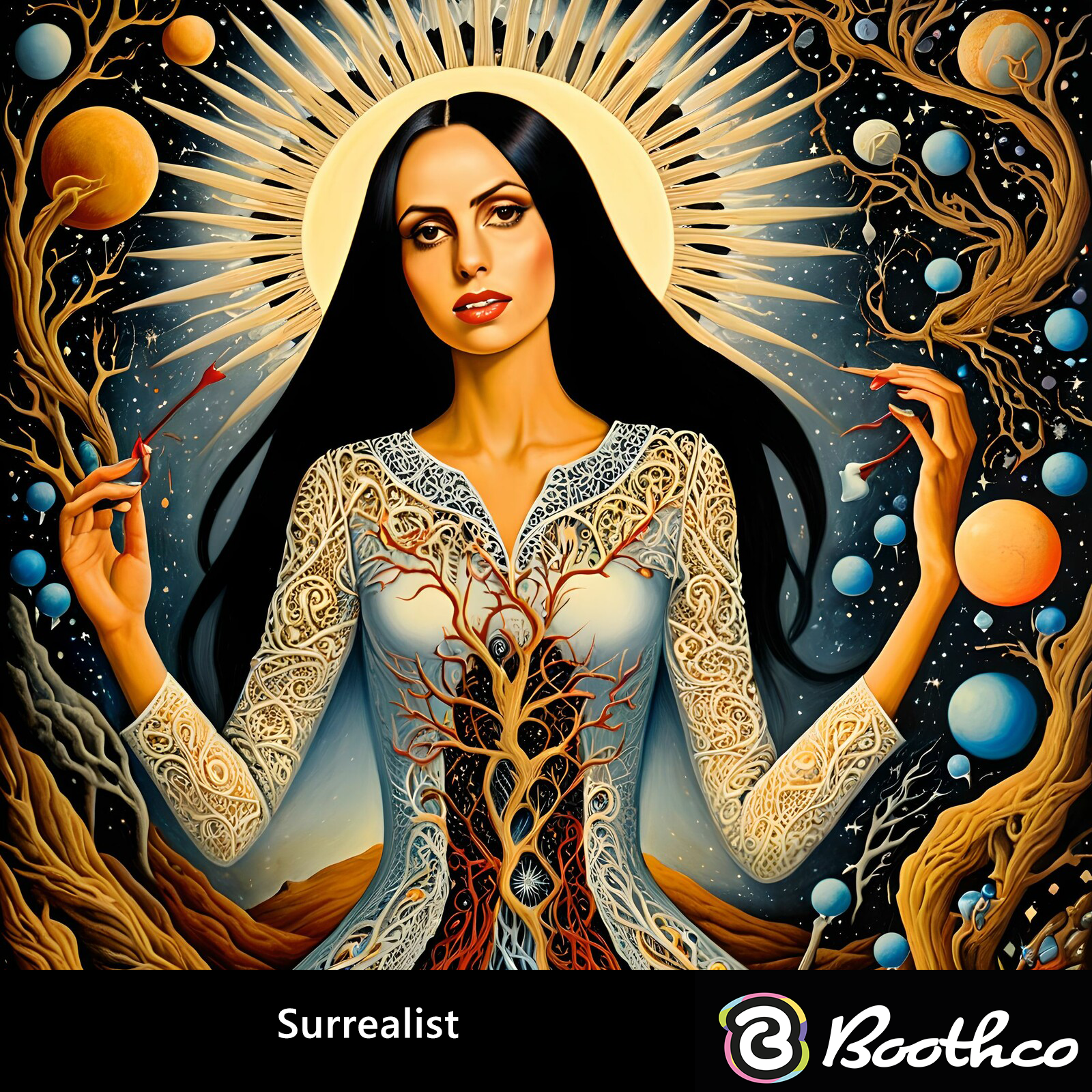 A woman with long dark hair, a halo, and a tree-like design on her dress stands amidst glowing planets and twisted trees.
