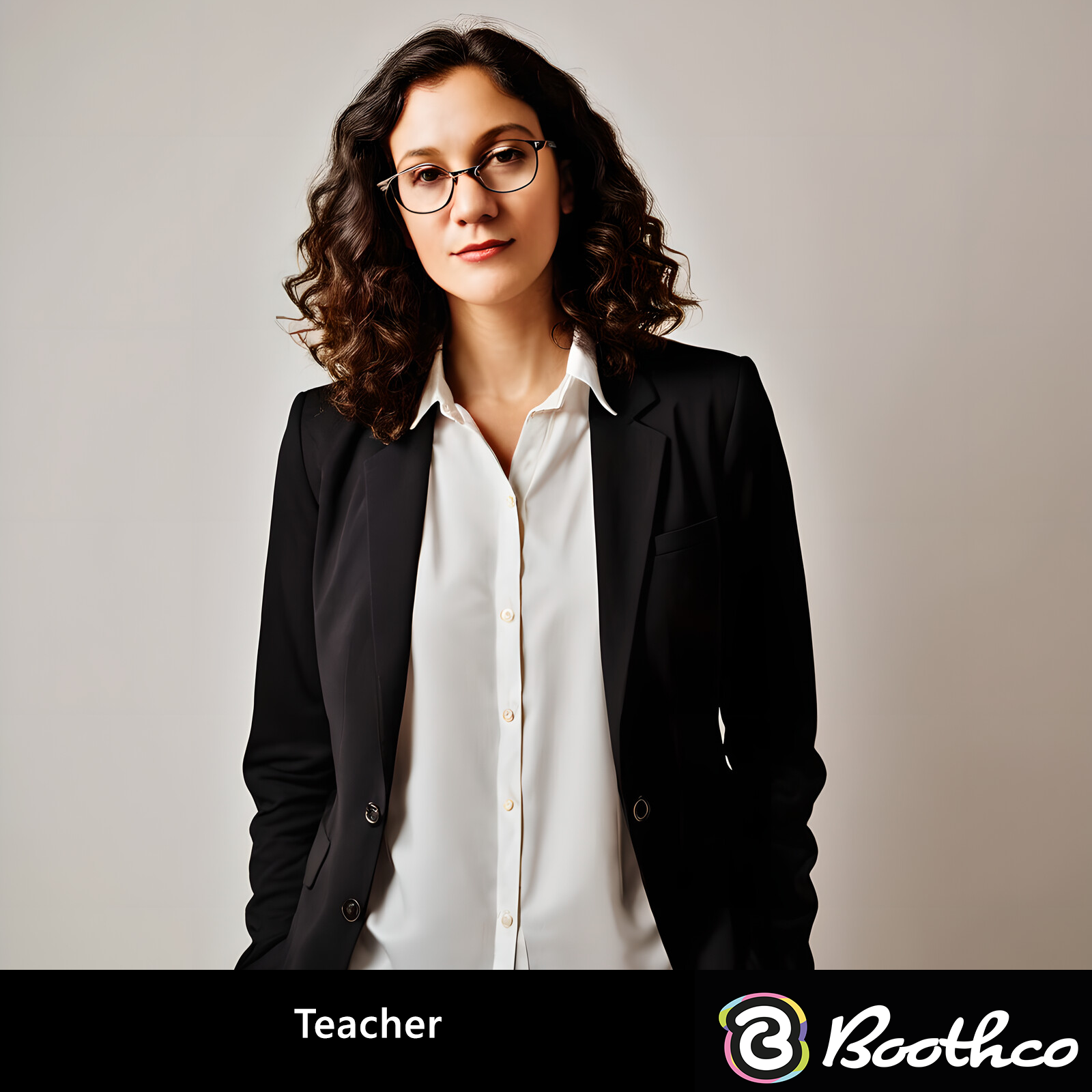 A person with curly dark hair and glasses wears a white shirt and black blazer against a light grey background.