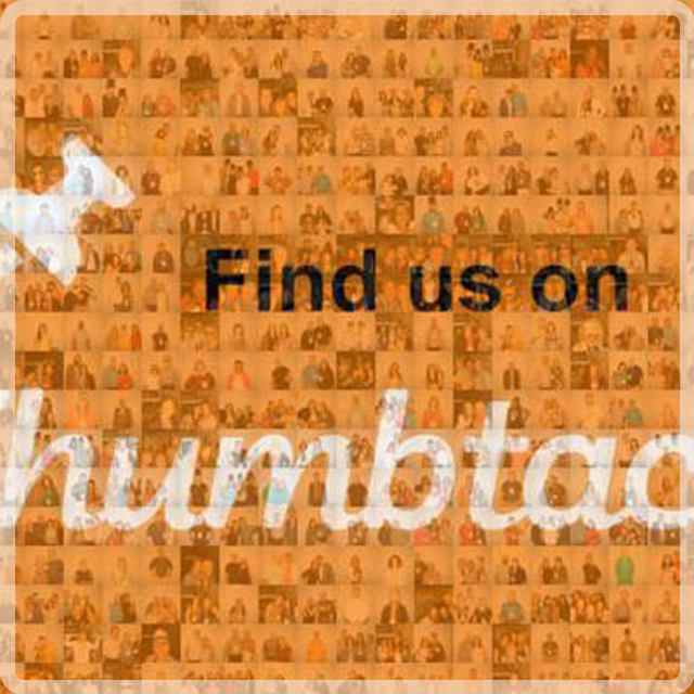 A collage of many small headshots forms a background for the orange text 