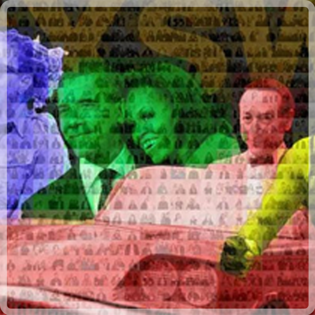 A colorful photo collage features two people in a car, overlaid with a grid of repeated, small figure icons.