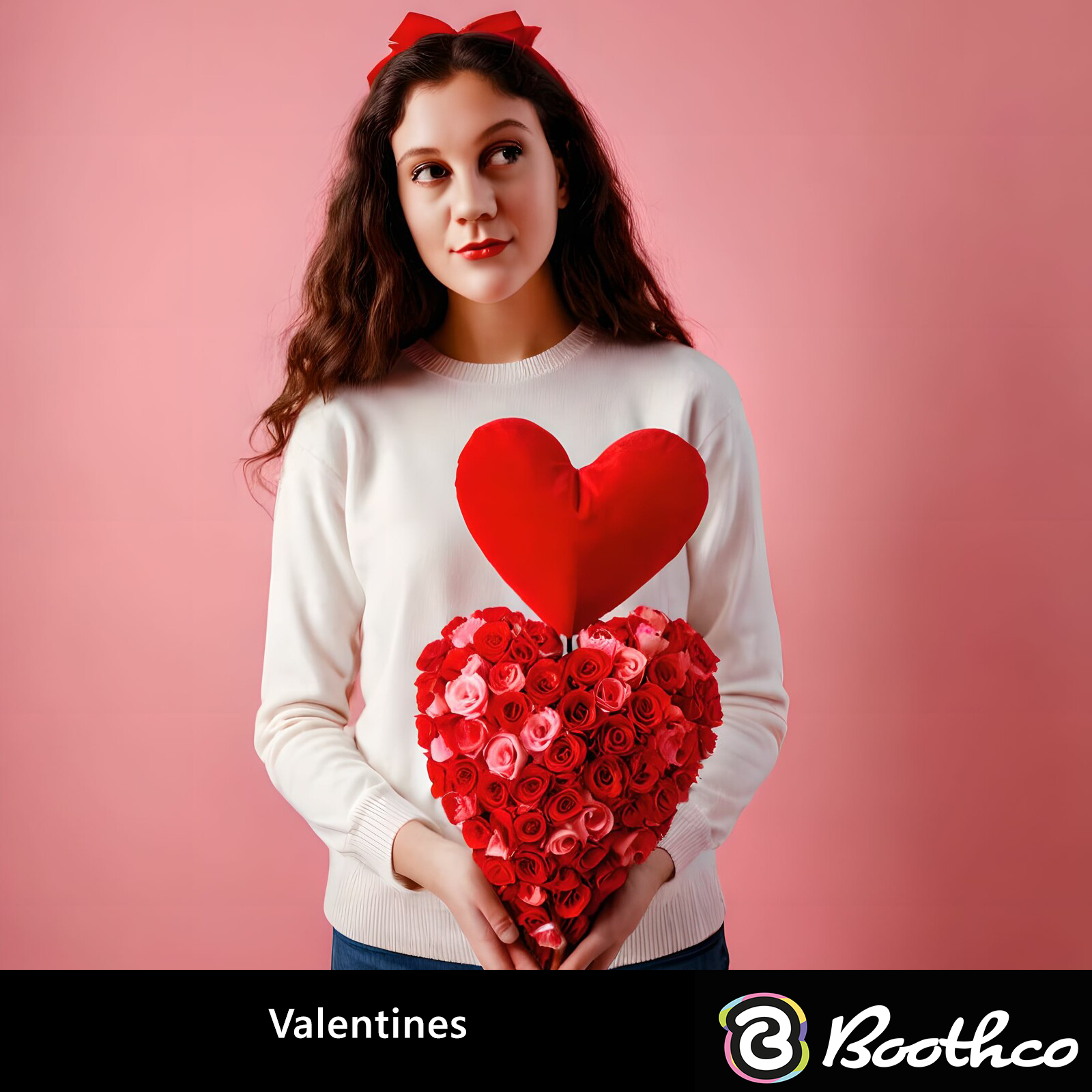 A person with a red bow in their hair holds a large, rose-covered heart against a plain pink background.