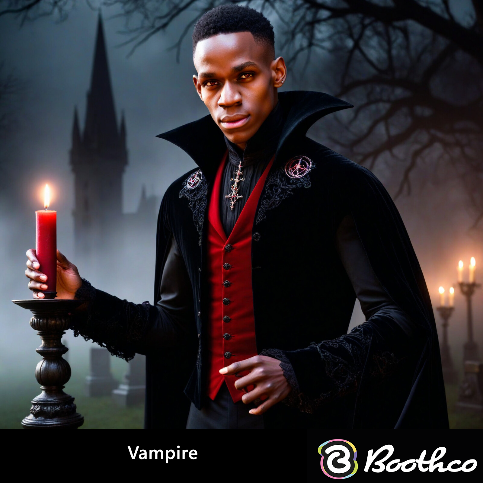 A person dressed as a vampire holding a red candle in a dark, foggy graveyard with a distant castle.