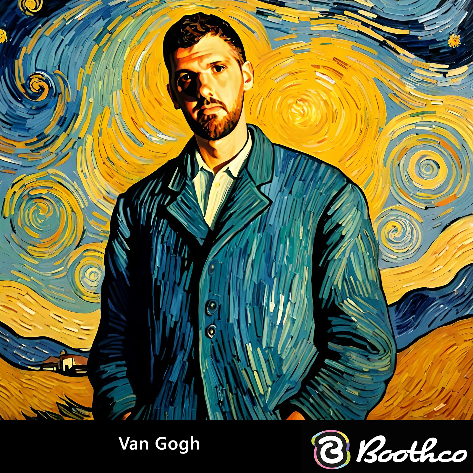 A person wearing a blue jacket against a backdrop inspired by Van Gogh’s Starry Night, with 
