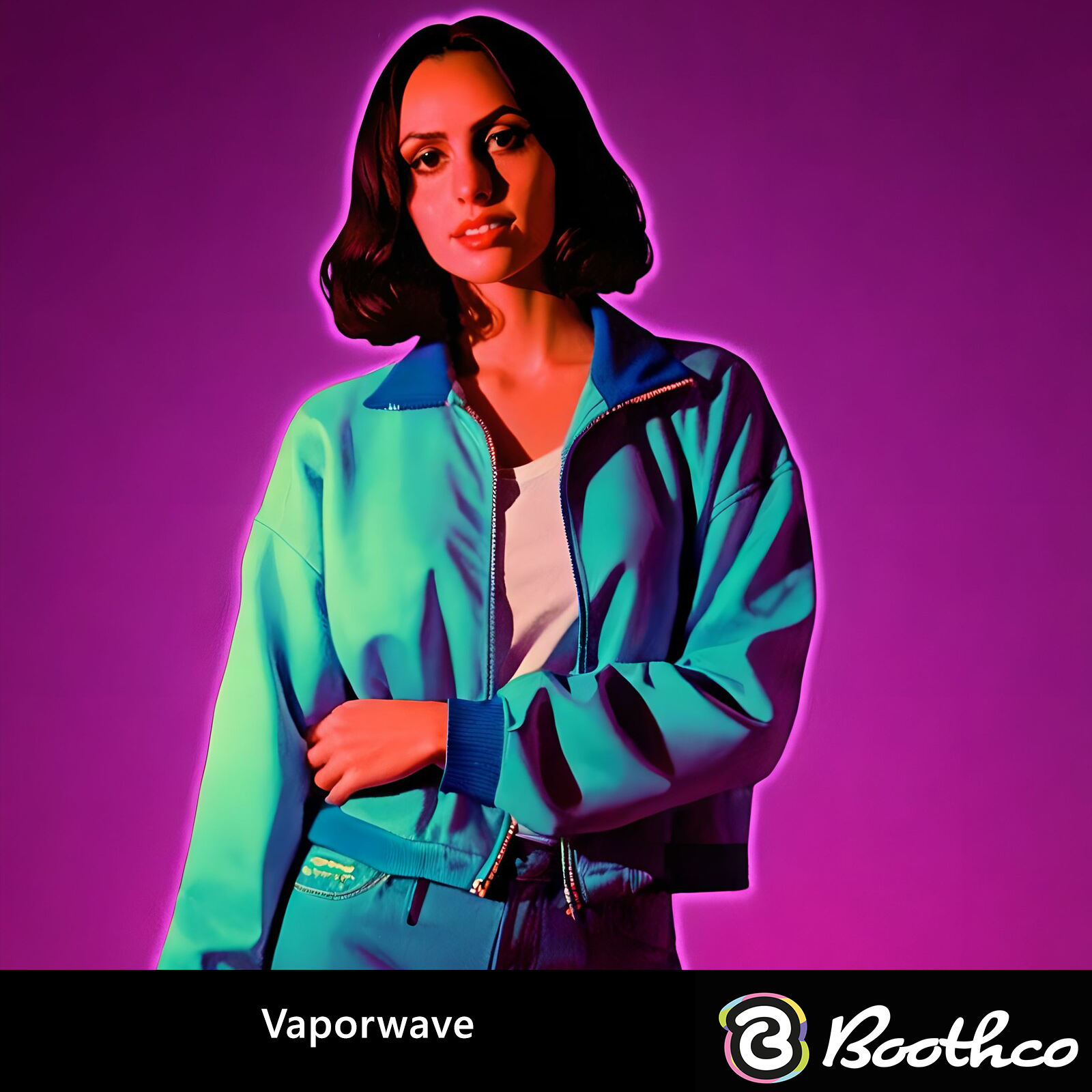 A person in a blue jacket against a magenta background, captured in a vaporwave-style, neon-lit portrait.