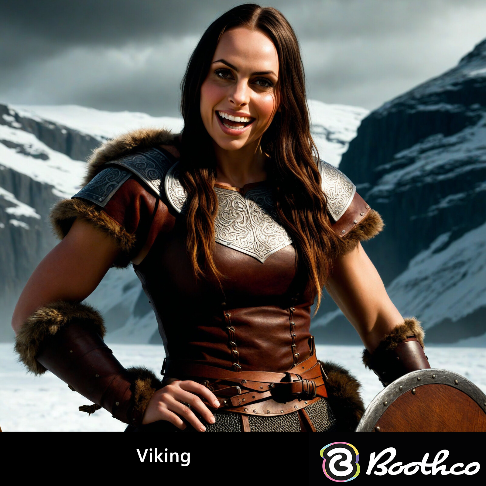 A smiling person in Viking-inspired leather and fur armor poses against a backdrop of snowy mountains.