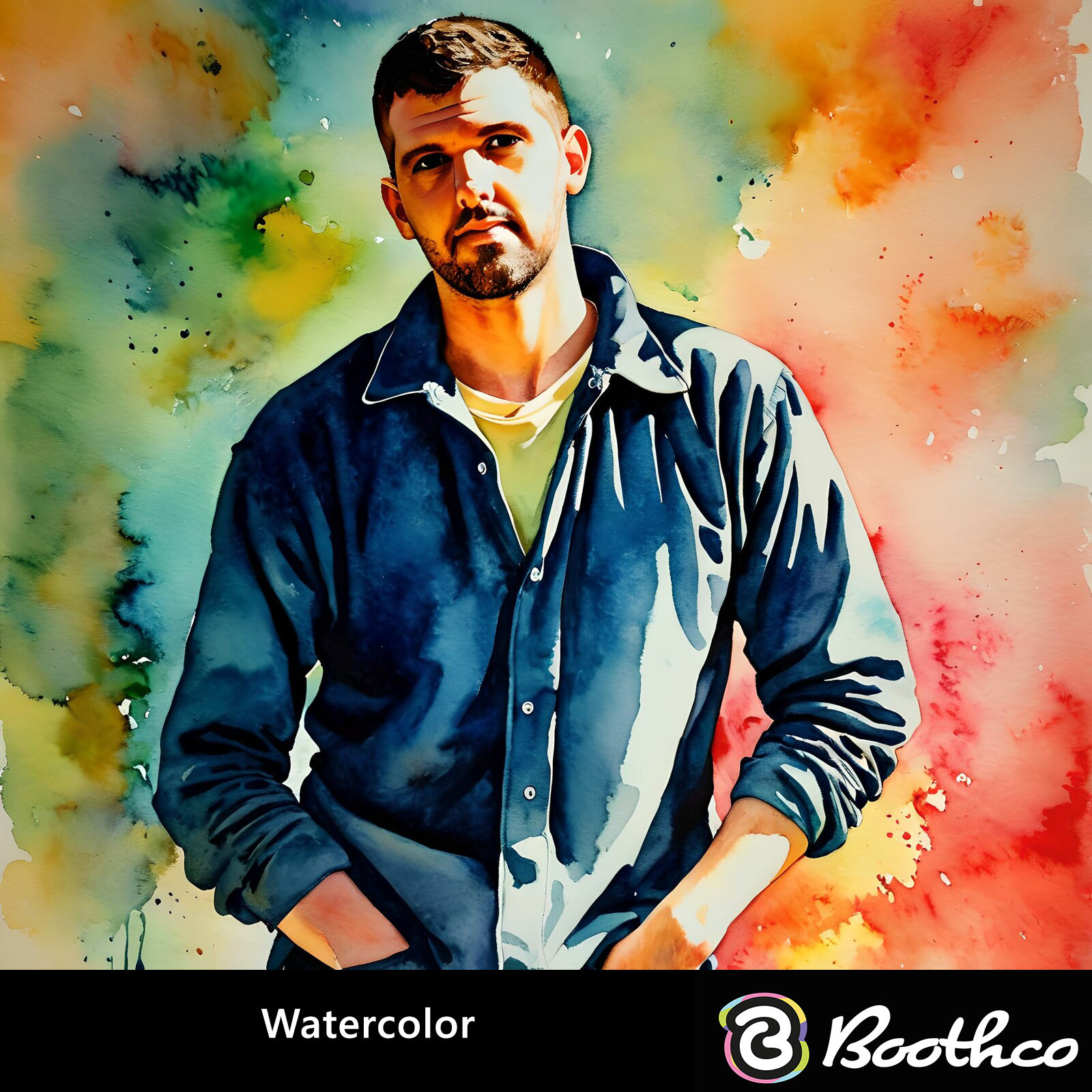 Watercolor portrait of a person in a blue shirt standing against a vibrant, multicolored abstract splash background.