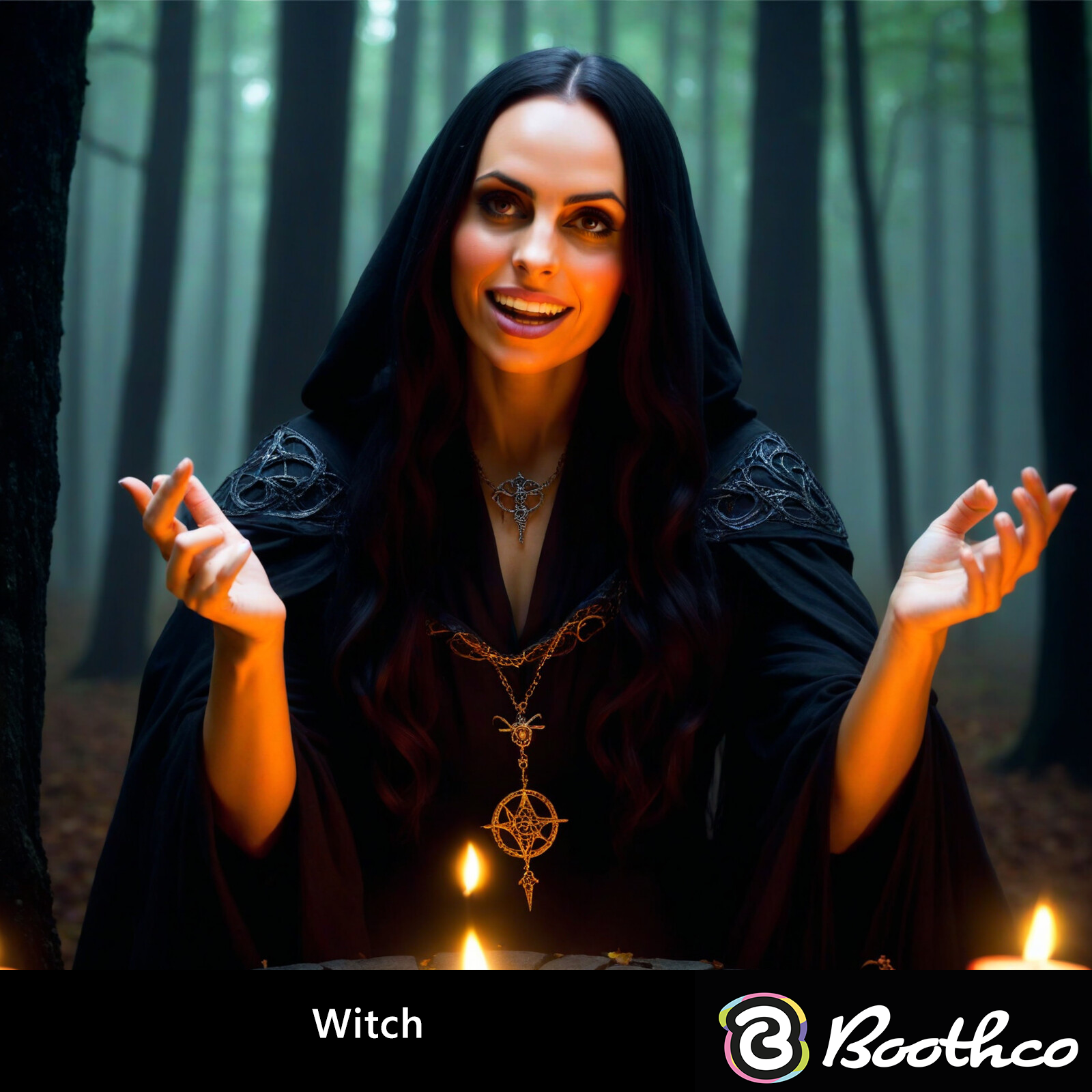A person in a black hooded robe with an ornate pendant stands in a misty forest, hands raised above glowing candles.