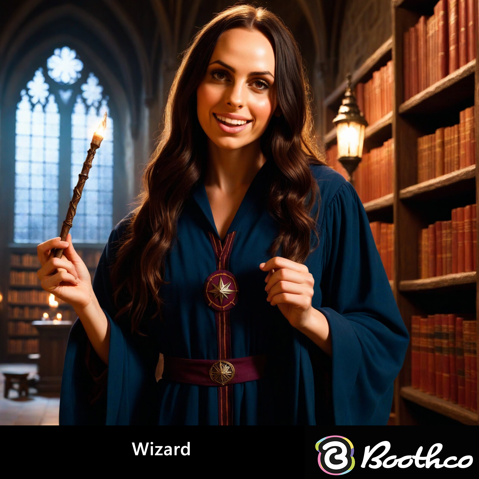 A person in a blue robe holding a glowing wand in a library setting with bookshelves and a Gothic-style window.