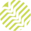 A circular logo featuring a repeating pattern of lime green, diagonal zigzag lines against a white background.