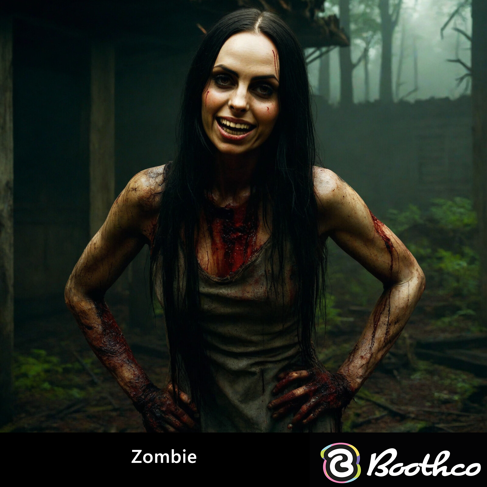 A person with long dark hair and bloody clothes grins menacingly in a dark, foggy forest setting.