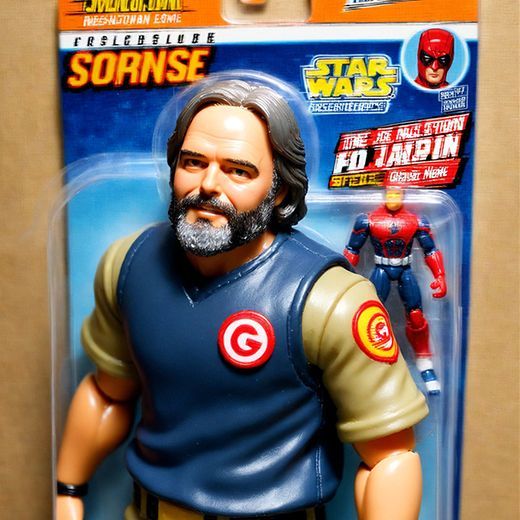 A toy action figure in Star Wars packaging featuring a bearded person in a blue vest with a