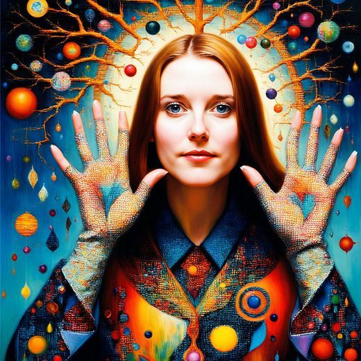 A person with outstretched, patterned hands stands before a glowing, cosmic tree of life amidst a blue, starry background.
