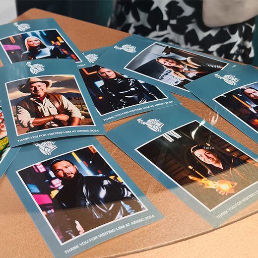 A collection of event photo cards with blue borders and the