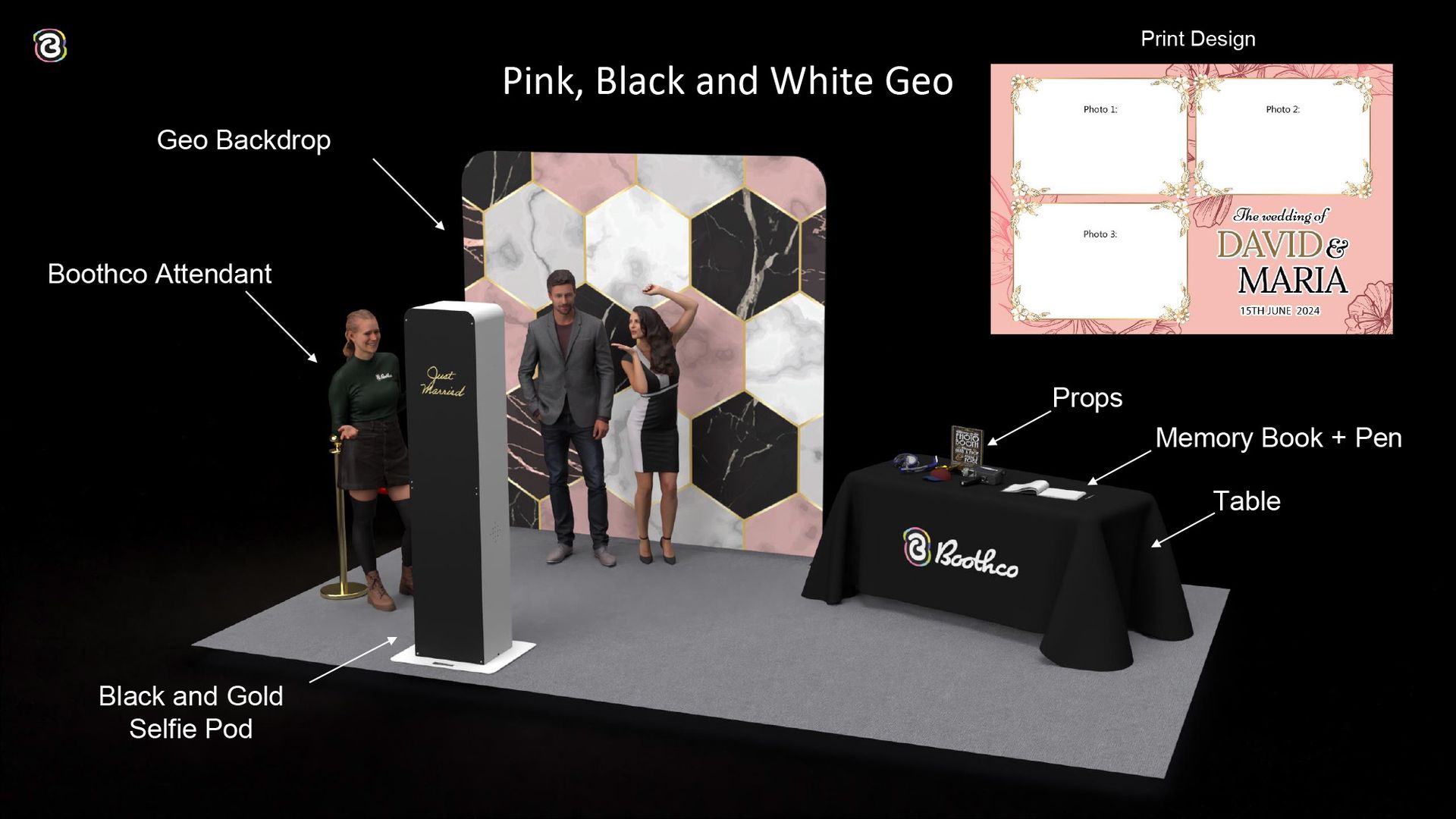 A photo booth setup with a pink, black, and white geo backdrop, a sleek booth, props, and an attendant at an event.